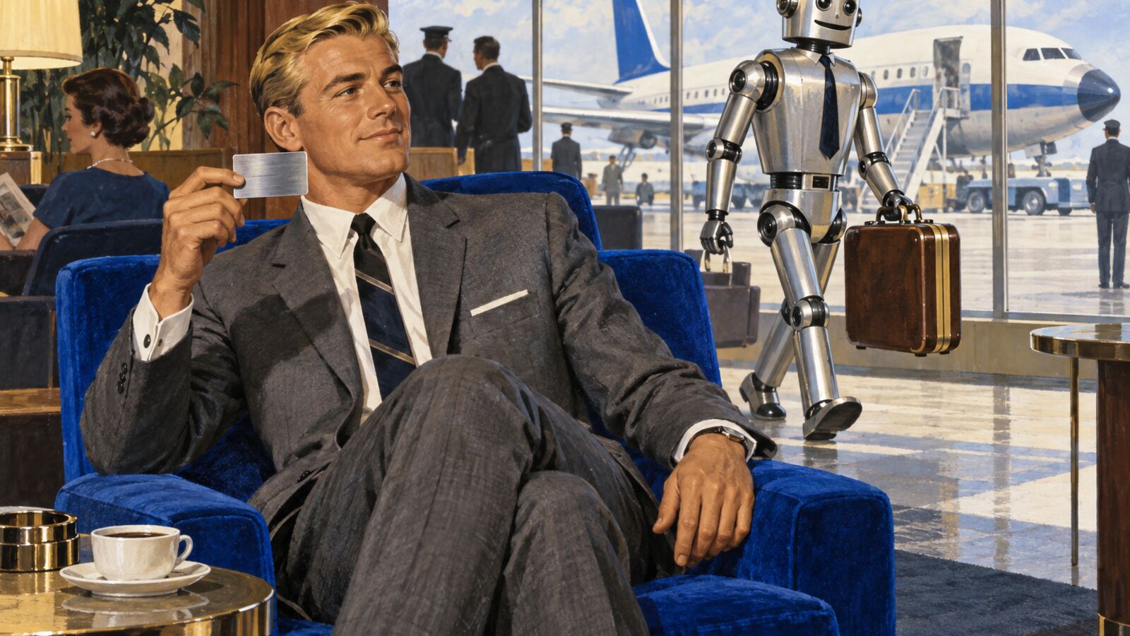 Illustration im Stil der 60er-Jahre: Ein blonder Geschäftsmann sitzt in einem kobaltblauen Sessel einer Flughafen-Lounge und hält eine schlichte Metallkarte, ein Roboter mit Krawatte trägt seinen Koffer zum wartenden Flugzeug.