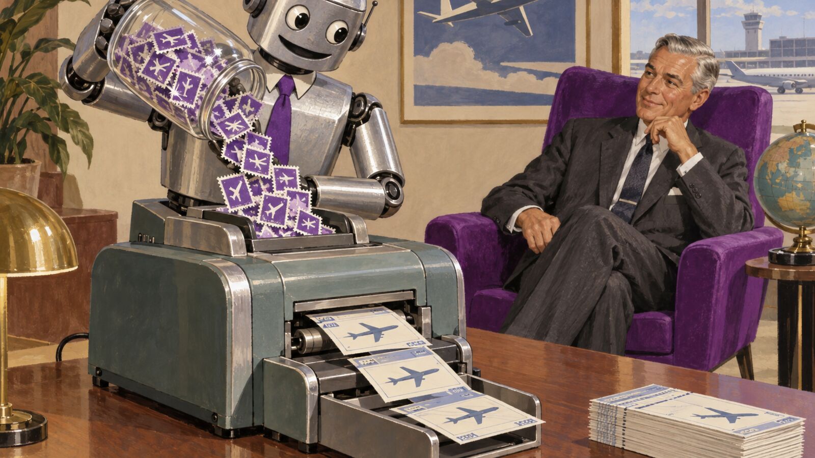 Illustration im Stil der 60er-Jahre: Ein Roboter mit Krawatte schüttet Bonusmarken in eine Maschine, die Flugtickets druckt, ein grauhaariger Geschäftsmann sieht aus einem violetten Sessel zu.