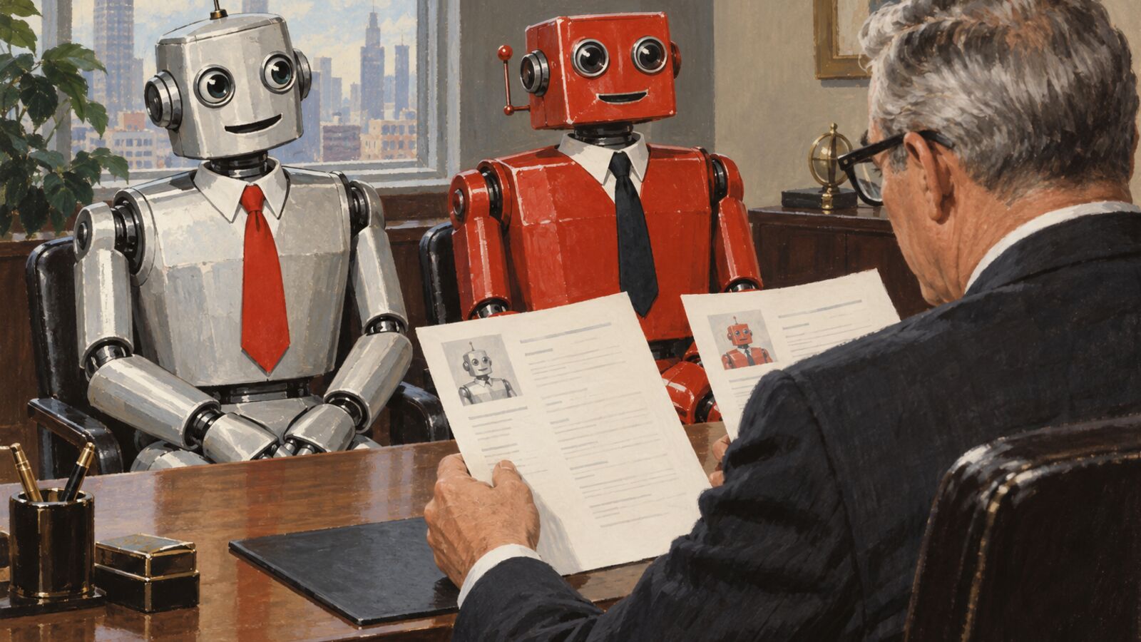 Illustration im Stil der 60er-Jahre: Zwei Roboter mit Krawatte sitzen wie Bewerber vor dem Schreibtisch, der Chef vergleicht ihre Lebensläufe.
