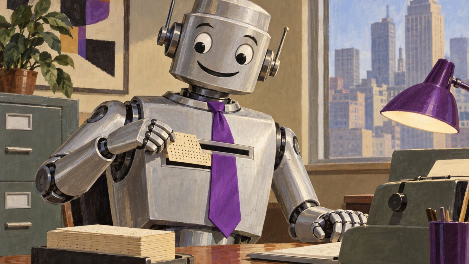 Illustration im Stil der 60er-Jahre: Ein freundlicher Roboter mit Krawatte steckt eine Lochkarte in seine Brust und beginnt sofort eine neue Aufgabe.