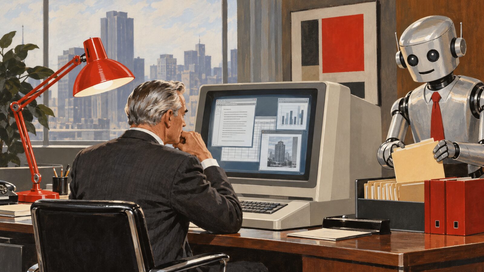 Illustration im Stil der 60er-Jahre: Ein grauhaariger Unternehmer arbeitet an einem großen Computer mit mehreren Fenstern, ein Roboter mit Krawatte sortiert Ordner.