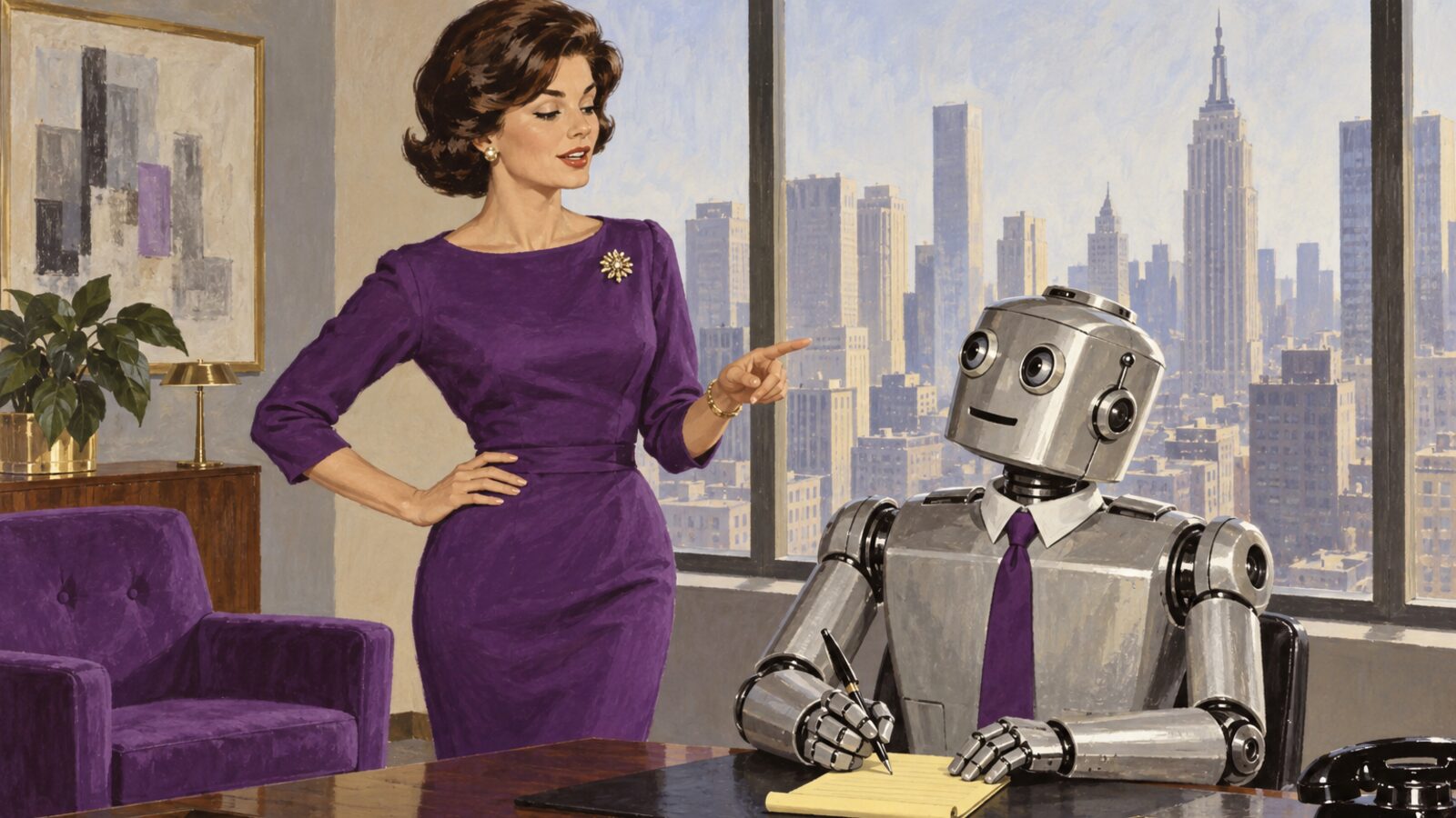 Illustration im Stil der 60er-Jahre: Eine Unternehmerin im violetten Kleid gibt einem Roboter mit Krawatte am Schreibtisch eine Aufgabe, er schreibt mit.