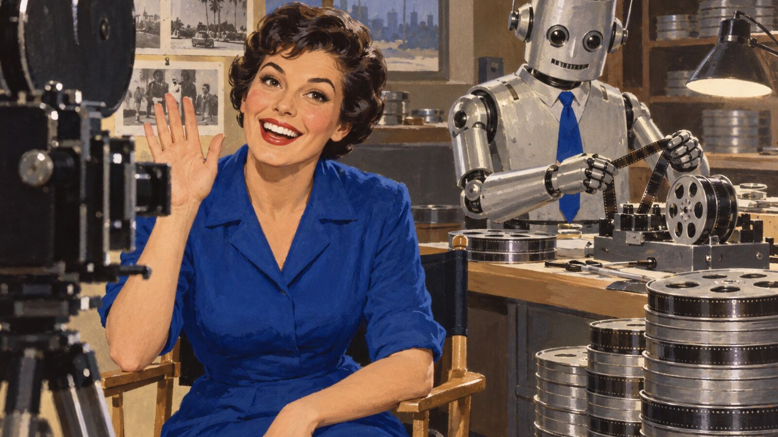 Illustration im Stil der 60er-Jahre: Eine Coachin winkt lächelnd in eine alte Filmkamera, hinter ihr schneidet ein freundlicher Roboter mit Krawatte Filmrollen und stapelt die fertigen Rollen.