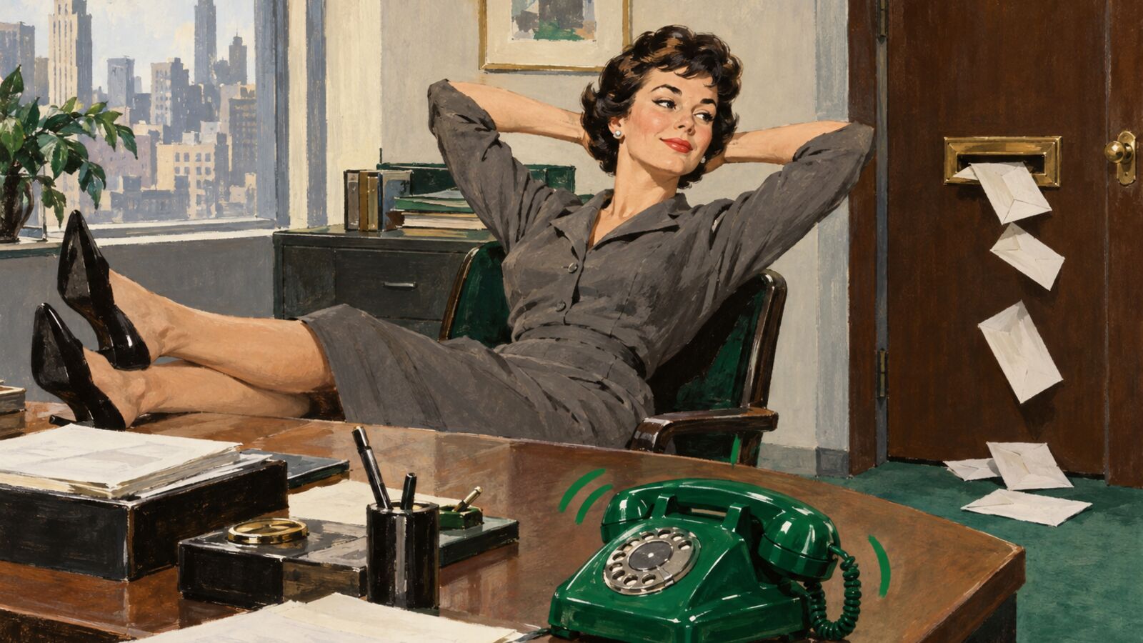 Illustration im Stil der 60er-Jahre: Eine Unternehmerin lehnt sich entspannt am Schreibtisch zurück, das Telefon klingelt und Briefe fallen durch den Türschlitz.
