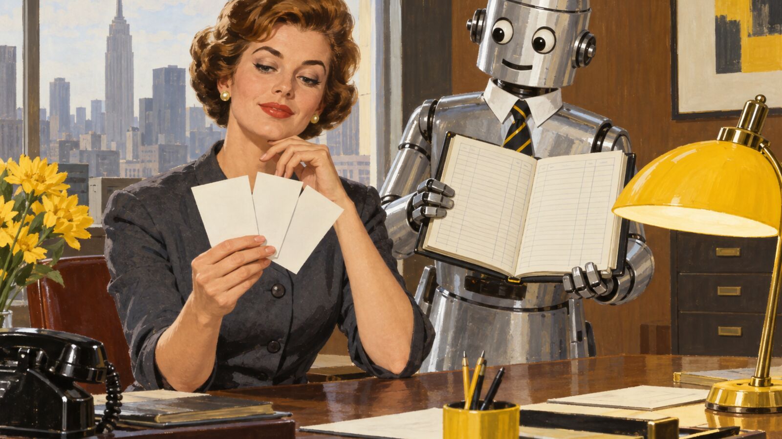 Illustration im Stil der 60er-Jahre: Eine Geschäftsfrau vergleicht am Schreibtisch drei schlichte Karten in ihrer Hand, ein Roboter mit Krawatte hält ein aufgeschlagenes Kassenbuch neben einer sonnengelben Lampe.