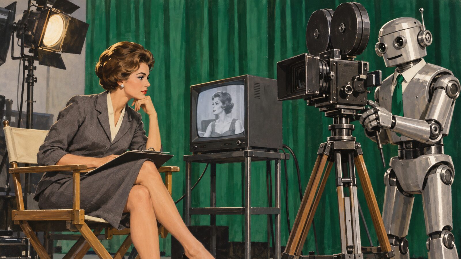 Illustration im Stil der 60er-Jahre: Eine Regisseurin sitzt im Fernsehstudio vor einem kleinen Monitor, ein Roboter mit Krawatte bedient die Filmkamera, dahinter ein smaragdgrüner Vorhang.