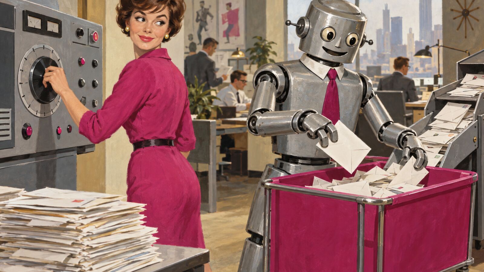 Illustration im Stil der 60er-Jahre: Eine Frau dreht in einer Werbeagentur an einem großen Regler, ein Roboter mit Krawatte sortiert eintreffende Briefe in einen magentafarbenen Postwagen.