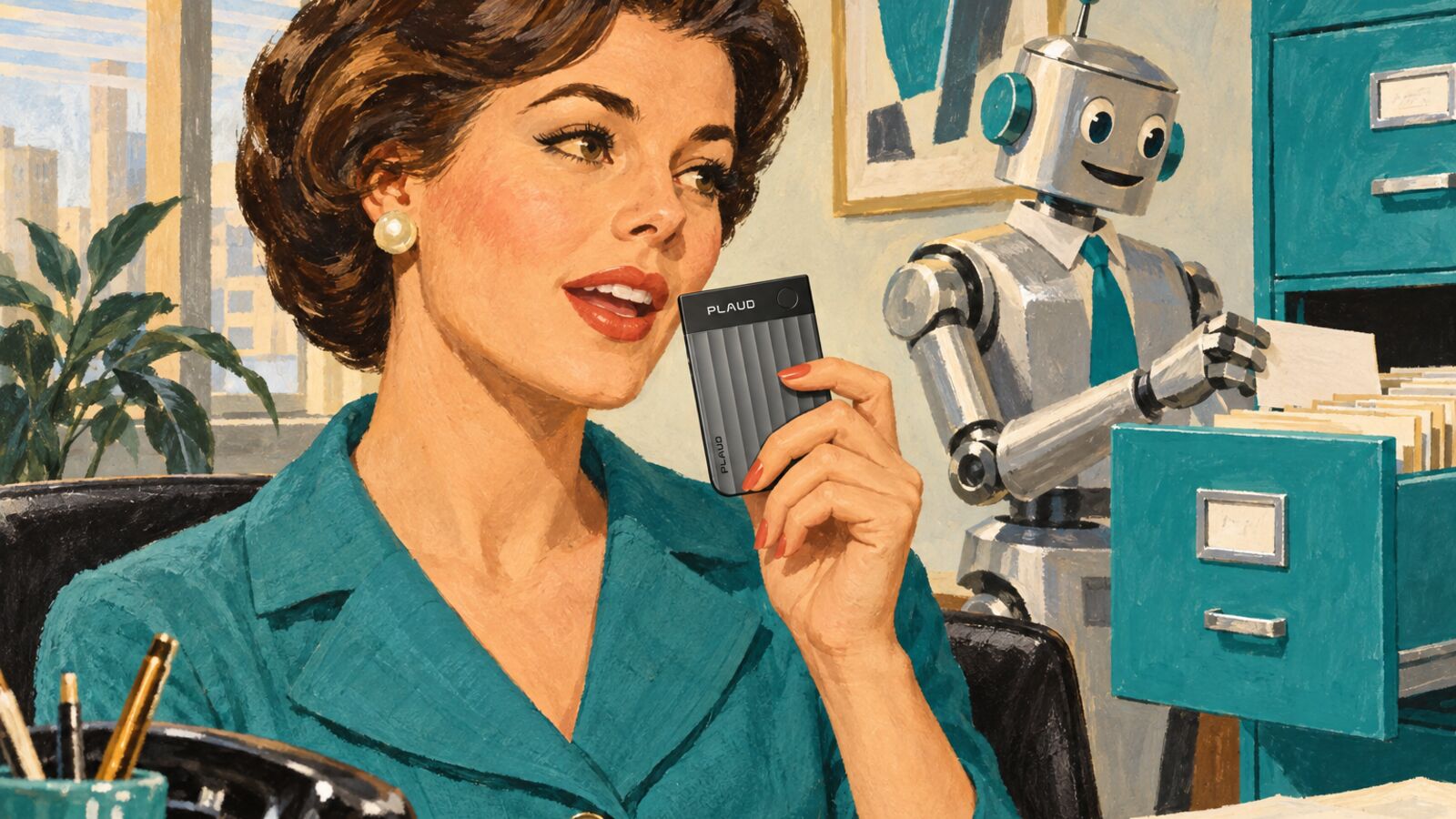 Illustration im Stil der 60er-Jahre: Eine Geschäftsfrau diktiert in eine Plaud Note Pro, ein Roboter mit Krawatte legt Karteikarten in einen petrolfarbenen Aktenschrank.