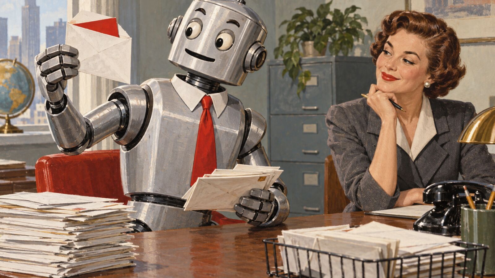 Illustration im Stil der 60er-Jahre: Ein Roboter mit Krawatte sortiert Briefe am Schreibtisch und hält einen verdächtigen Brief mit einem versteckten roten Zettel auf Abstand, eine Geschäftsfrau nickt zustimmend.