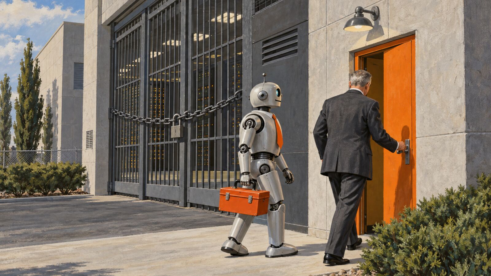 Illustration im Stil der 60er-Jahre: Ein grauhaariger Geschäftsmann schließt eine kleine orange Seitentür eines Rechenzentrums auf, das große Tor bleibt mit einer Kette verschlossen, ein Roboter mit Krawatte trägt einen Werkzeugkasten hinterher.