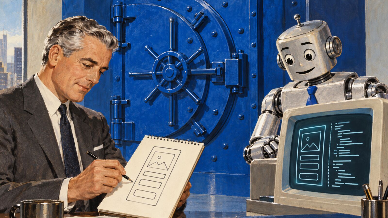 Illustration im Stil der 60er-Jahre: Ein grauhaariger Unternehmer skizziert eine App auf einem Block, ein Roboter mit Krawatte baut sie am Retro-Computer, dahinter eine verschlossene kobaltblaue Tresortür.