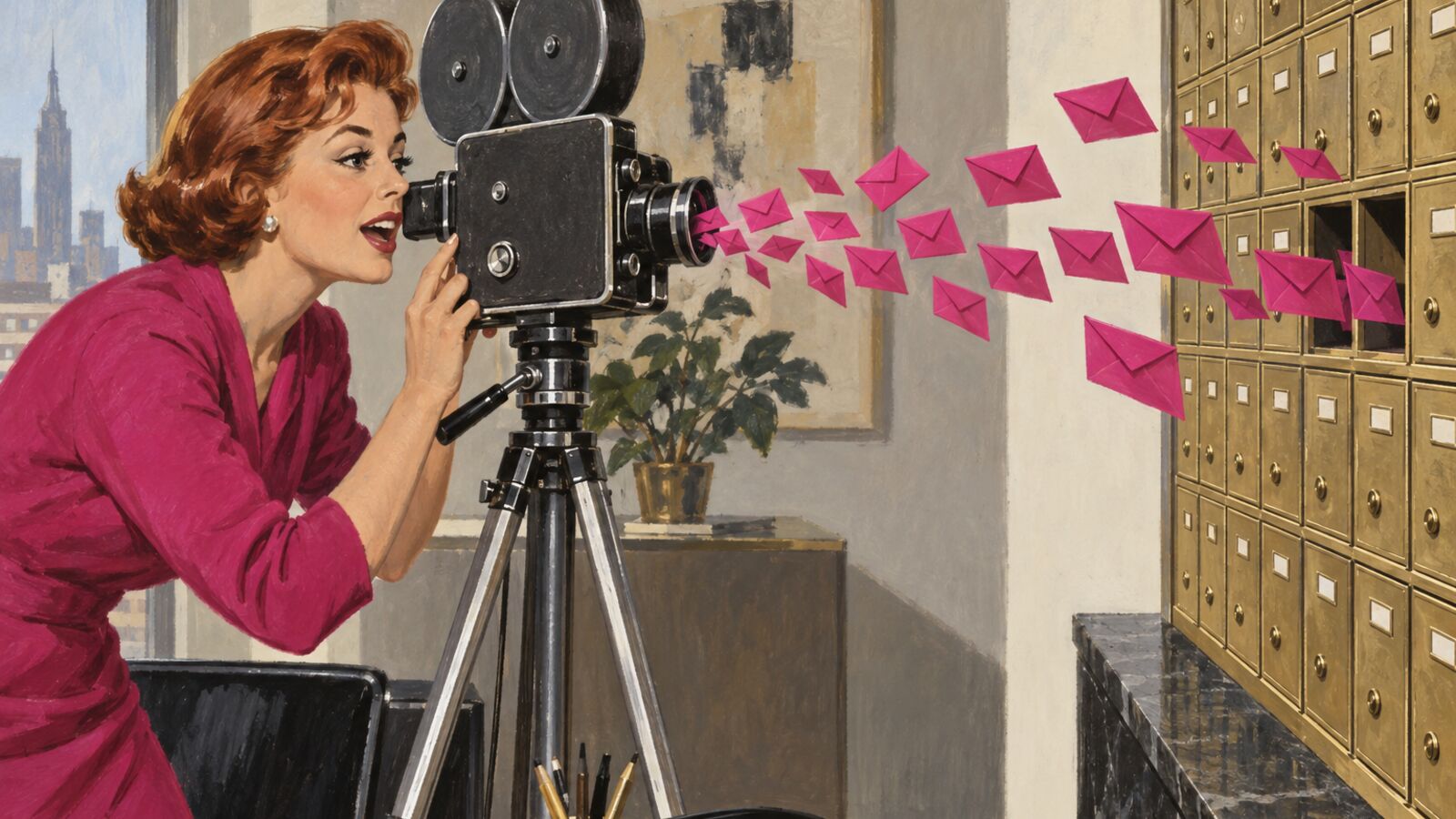 Illustration im Stil der 60er-Jahre: Eine Unternehmerin spricht in eine alte Filmkamera, aus dem Objektiv fliegen Briefumschläge zu vielen kleinen Postfächern.