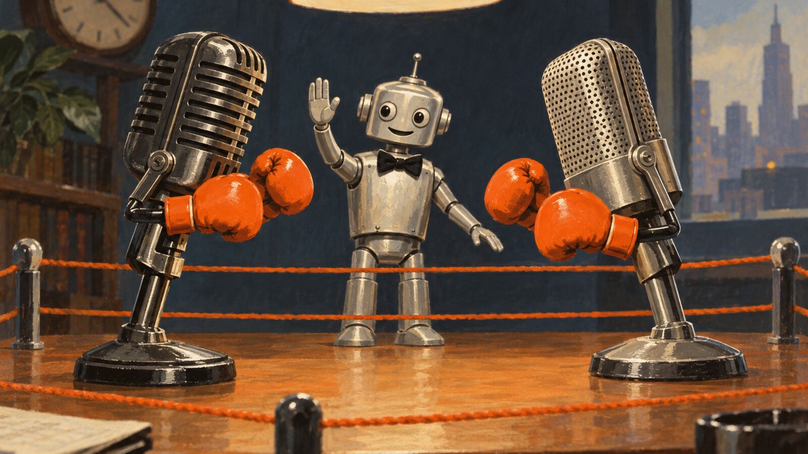 Illustration im Stil der 60er-Jahre: Zwei Mikrofone stehen sich wie Boxer gegenüber, ein kleiner Roboter ist der Ringrichter.
