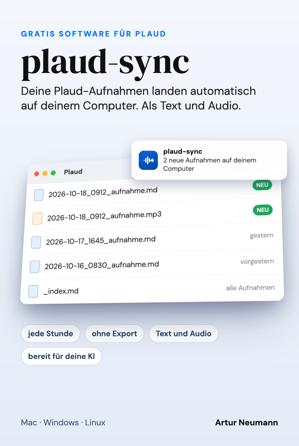 So sieht es aus: Neue Plaud-Aufnahmen liegen als Text und Audio im Ordner, plaud-sync meldet sie per Mitteilung.