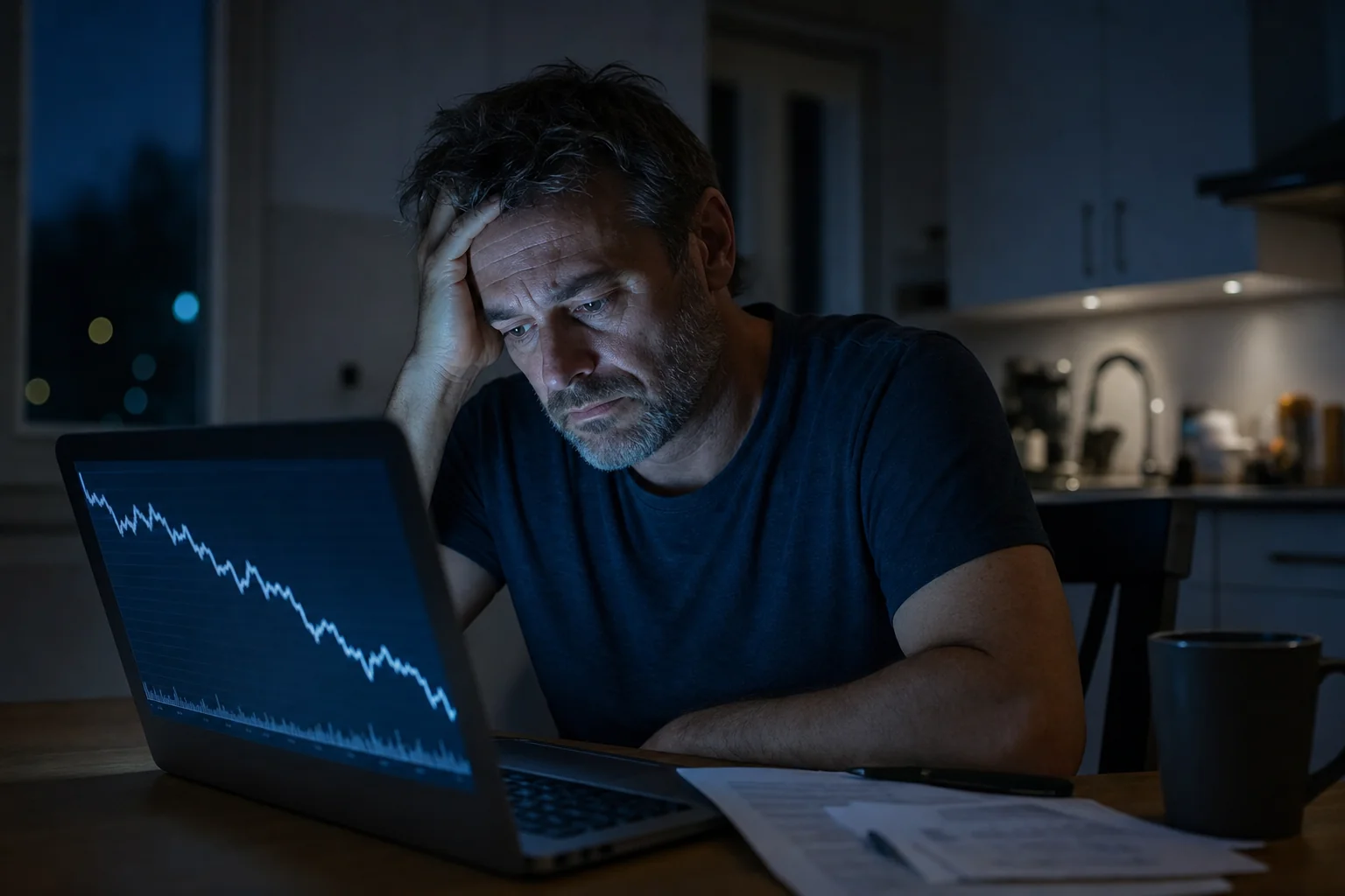 Mann sitzt nachts allein am Küchentisch vor dem Laptop und macht sich Sorgen um sein Depot