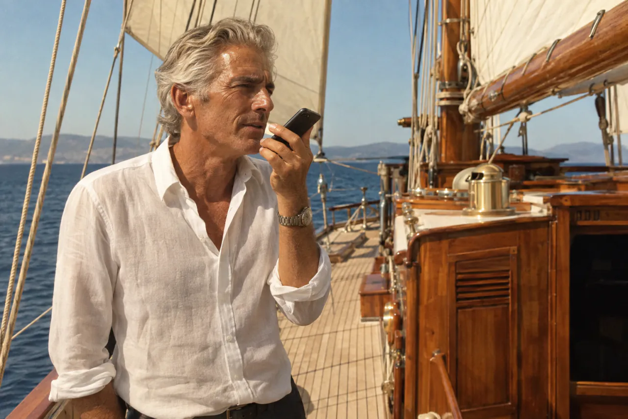 Ein Mann mit grauen Haaren spricht an Deck einer klassischen Segelyacht eine Sprachnachricht in sein Handy.