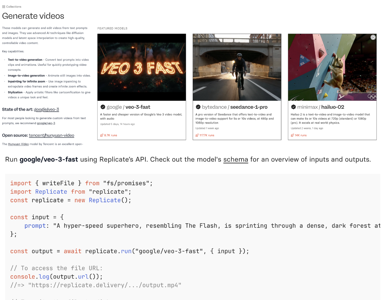 Screenshot einer Video-API, über die sich KI-Videos per Code und Prompt erzeugen lassen.