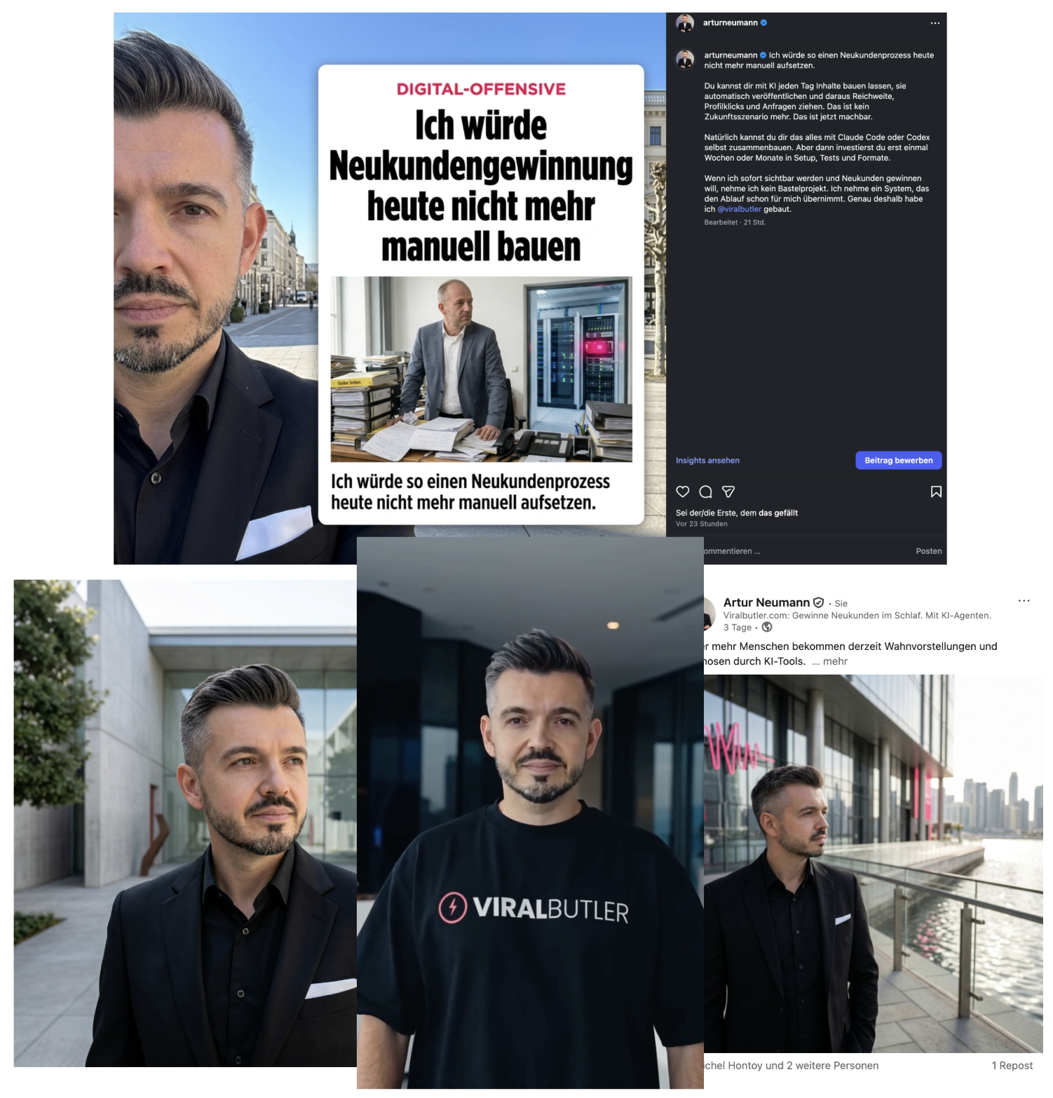 Collage mit KI-generierten Bildern von Artur Neumann in verschiedenen Szenen und Social-Media-Beiträgen.