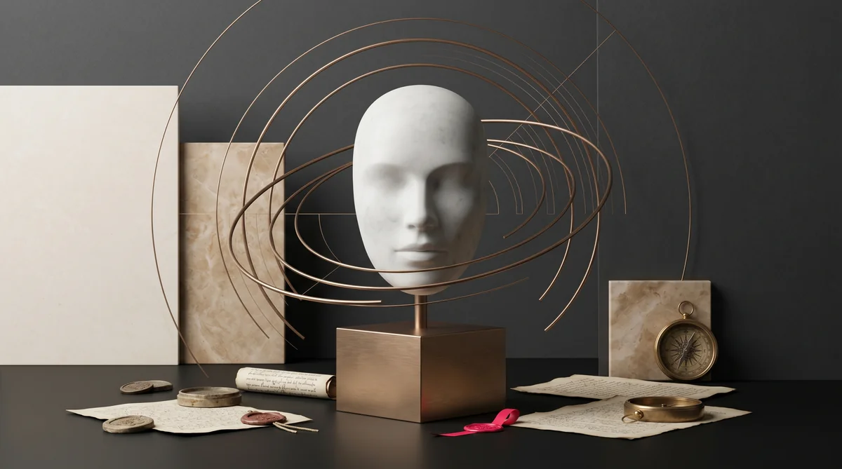 Editorial Stillleben mit sculptural marble mask, rotierenden Bronze-Ringen und diskreten Signalpfaden als Symbol fuer einen unsichtbaren KI-Influencer, der rund um die Uhr arbeitet.