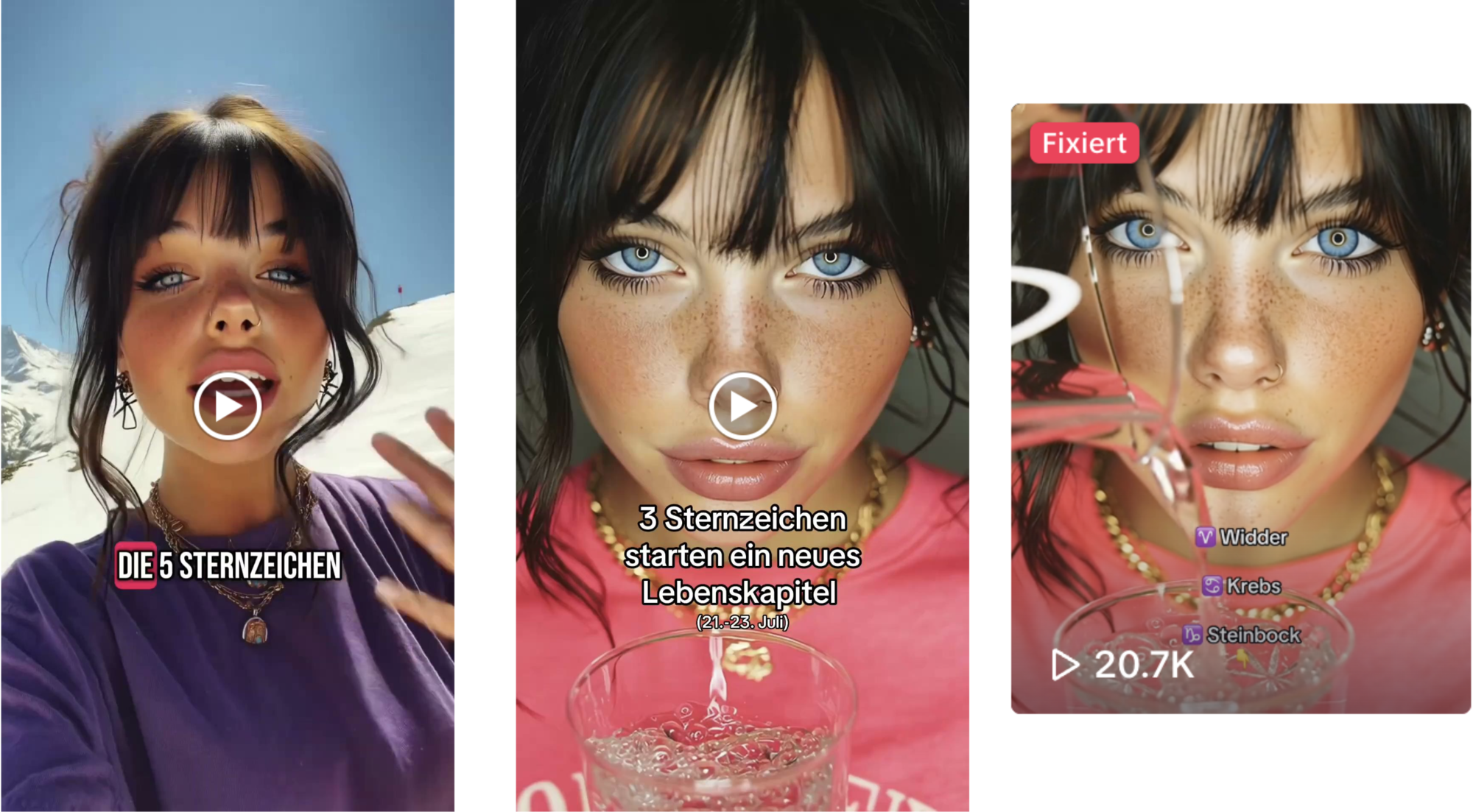 Mehrere kurze Horoskop-Videos des KI-Accounts Julia Red Tarot mit tausenden bis zehntausenden Aufrufen.