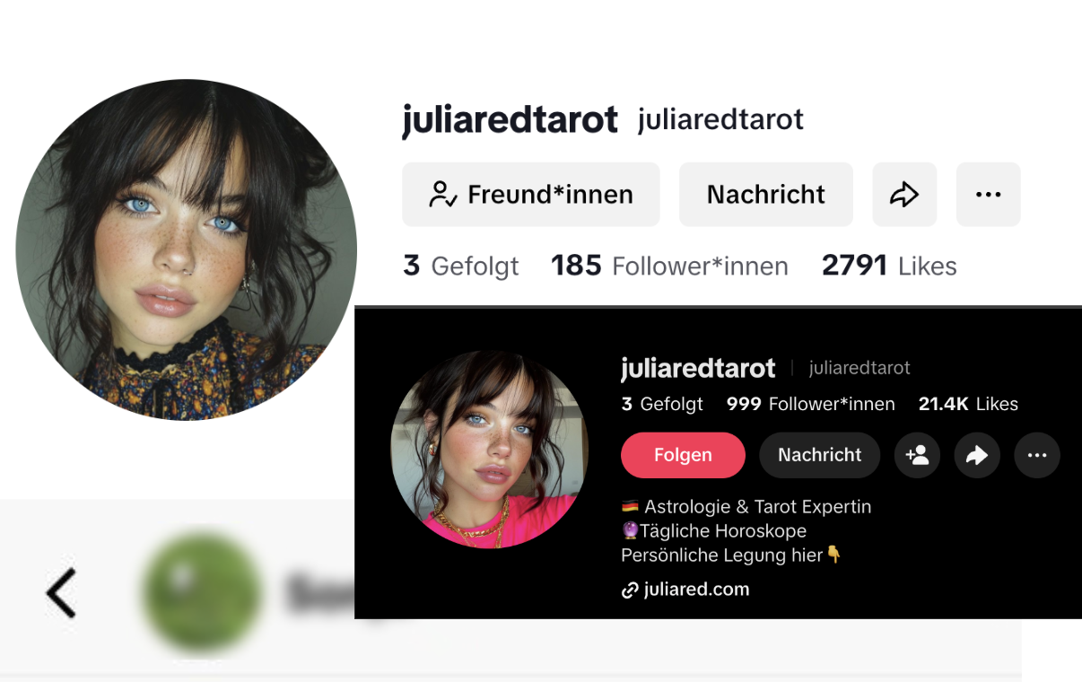 Profilansicht des KI-Accounts Julia Red Tarot mit Positionierung als Astrologie- und Tarot-Expertin.