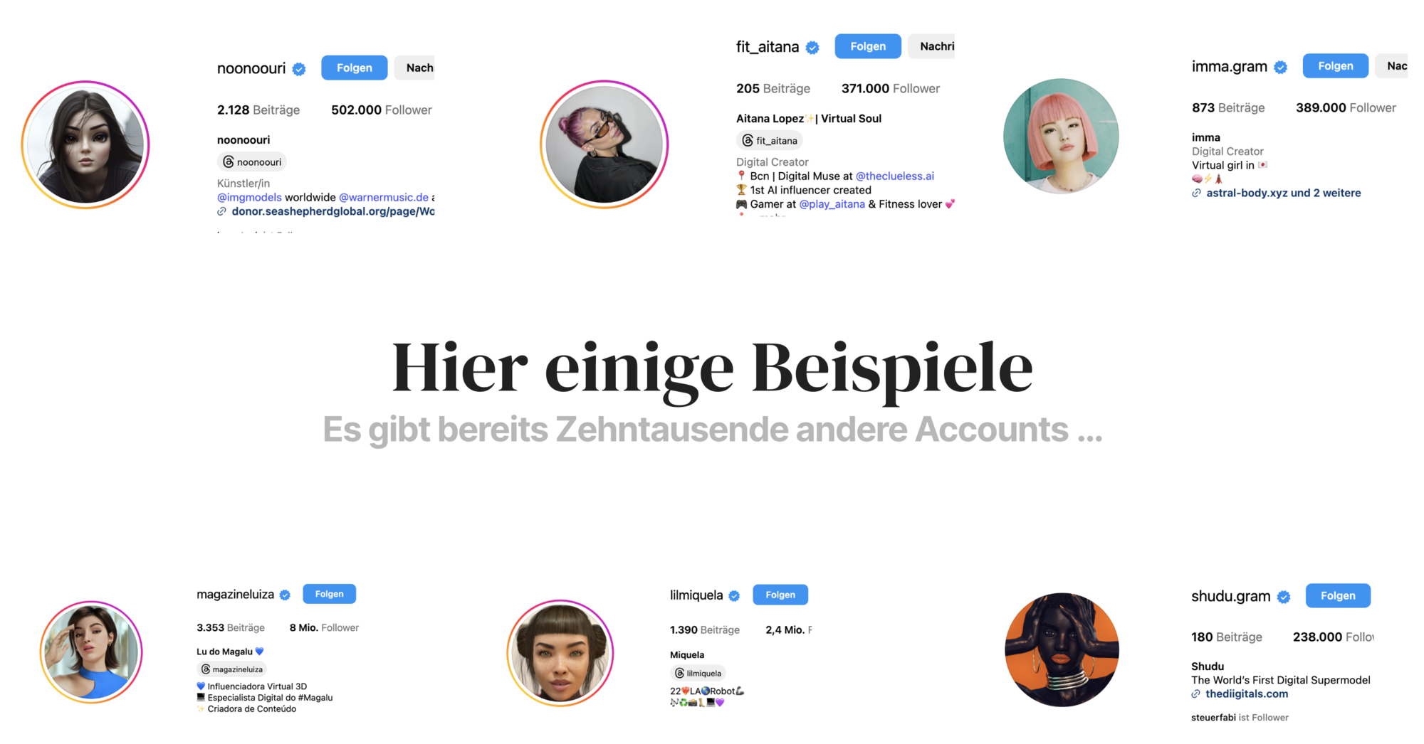 Zusammenstellung mehrerer bereits bestehender KI-Influencer-Profile mit teils hunderttausenden bis Millionen Followern.