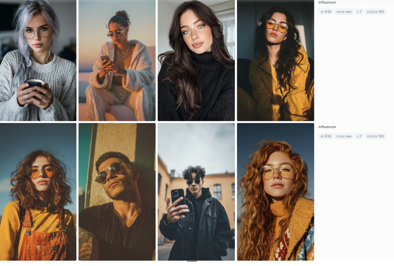 Zusammenstellung mehrerer generierter Persona-Varianten für mögliche KI-Influencer.