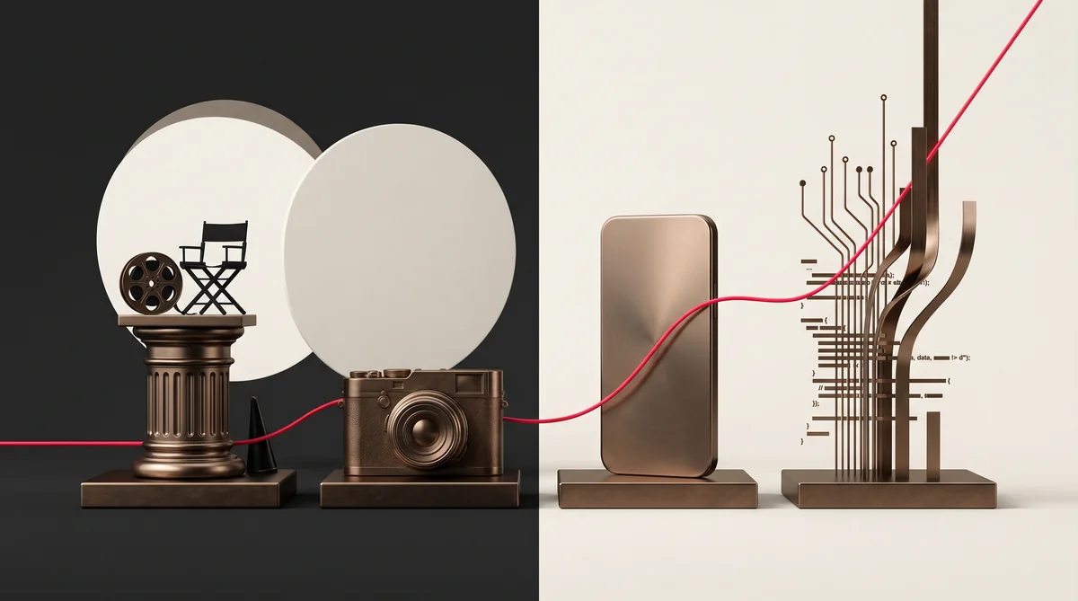 Vier Bronze-Stationen zeigen den Wandel von Studio ueber Kamera und Smartphone zu KI-Code als Symbol fuer die Evolution digitaler Inhalte.