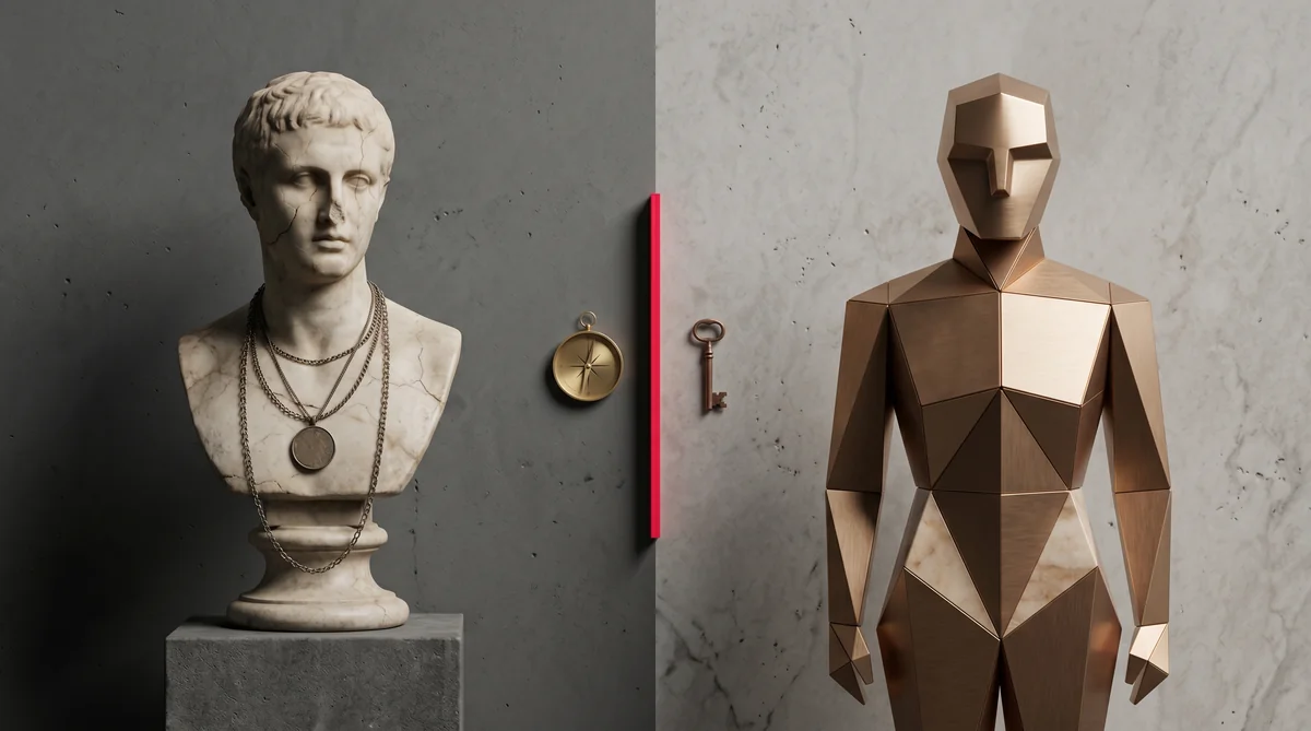 Kontrast zwischen einer zerbrechlichen Marmorbueste und einer modularen Bronze-Persona als Symbol fuer die Fragilitaet der Personal Brand gegenueber dem skalierbaren KI-Influencer.