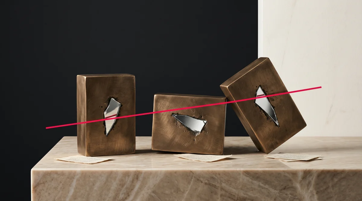 Drei gekippte Bronze-Prismen mit durchbrochenen Spiegeln als Symbol fuer drei aufgeloeste Denkfehler rund um KI-Influencer.