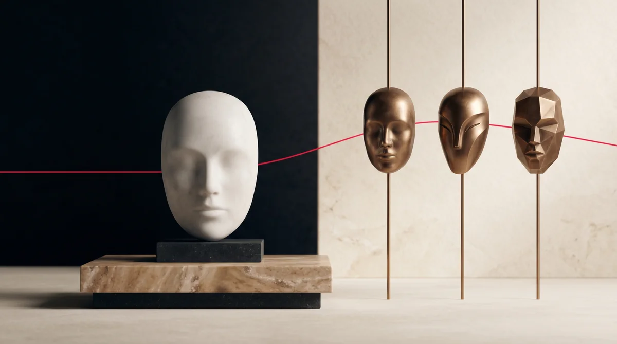 Zentrale Marmor-Maske mit mehreren verschiedenen Bronze-Variationen daneben als Symbol fuer unterschiedliche Typen von KI-Influencern.