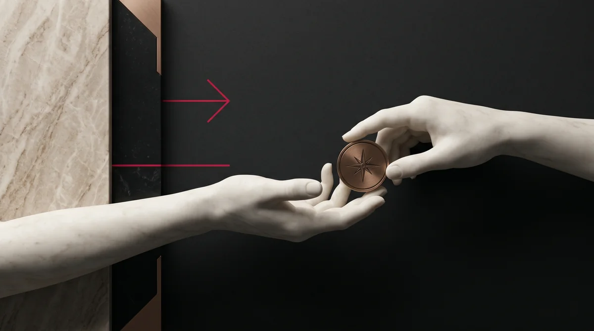 Zwei sich beruehrende Skulpturhaende mit Bronze-Uebergabering als Symbol fuer persoenliche Unterstuetzung beim Aufbau eines KI-Influencers.