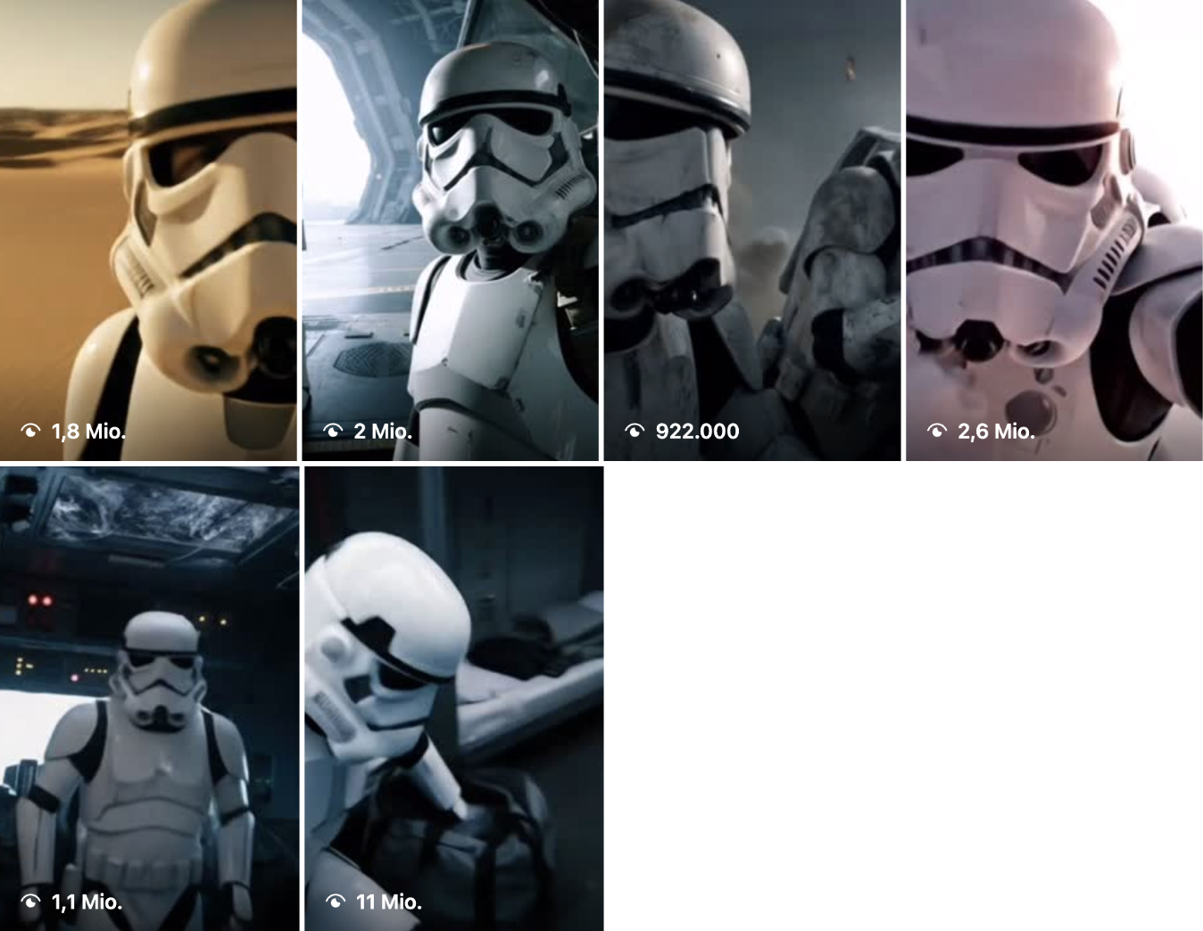 Screenshot mehrerer Stormtrooper-Videos mit millionenfachen Aufrufen, darunter ein Video mit 11 Millionen Views.